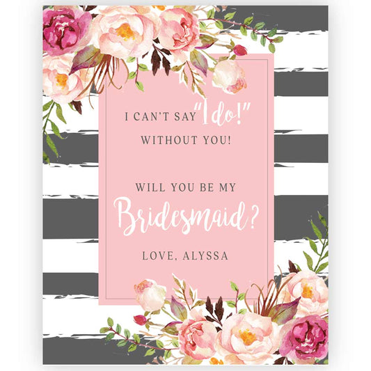 Personalized Will you be my Bridesmaid Pink Flowers and Grey Stripes Wine and Champagne Label - XOXOKristen