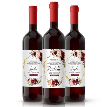 Customised "Will you be my bridesmaid?" wine label with burgundy flower bouquet and gold frame -XOXOKristen 