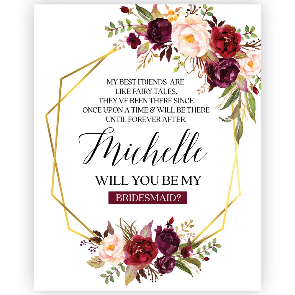 Customised "Will you be my bridesmaid?" wine label with burgundy flower bouquet and gold frame -XOXOKristen 