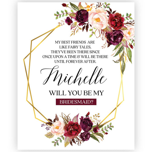 Customised "Will you be my bridesmaid?" wine label with burgundy flower bouquet and gold frame -XOXOKristen 