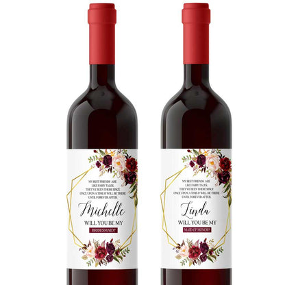 Customised "Will you be my bridesmaid?" wine label with burgundy flower bouquet and gold frame -XOXOKristen 