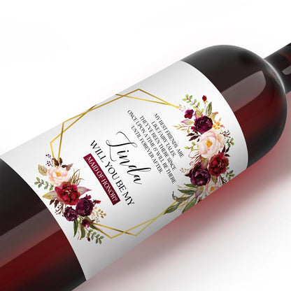 Customised "Will you be my bridesmaid?" wine label with burgundy flower bouquet and gold frame -XOXOKristen 