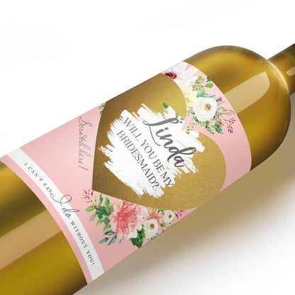 Personalized Will you be my Bridesmaid Pink Flower Bouquet and gold scratch-off heart Wine and Champagne Label - XOXOKristen