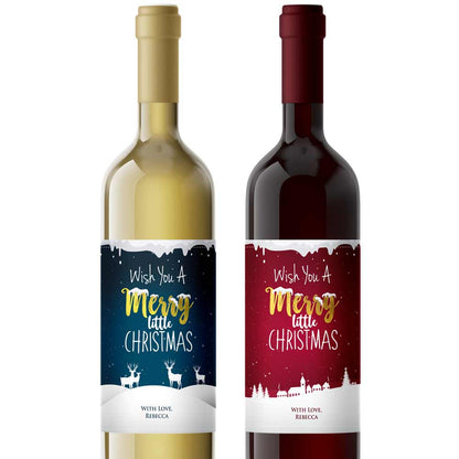 Cute Personalized Merry Little Christmas Wine Labels with snow and deers - xoxokristen