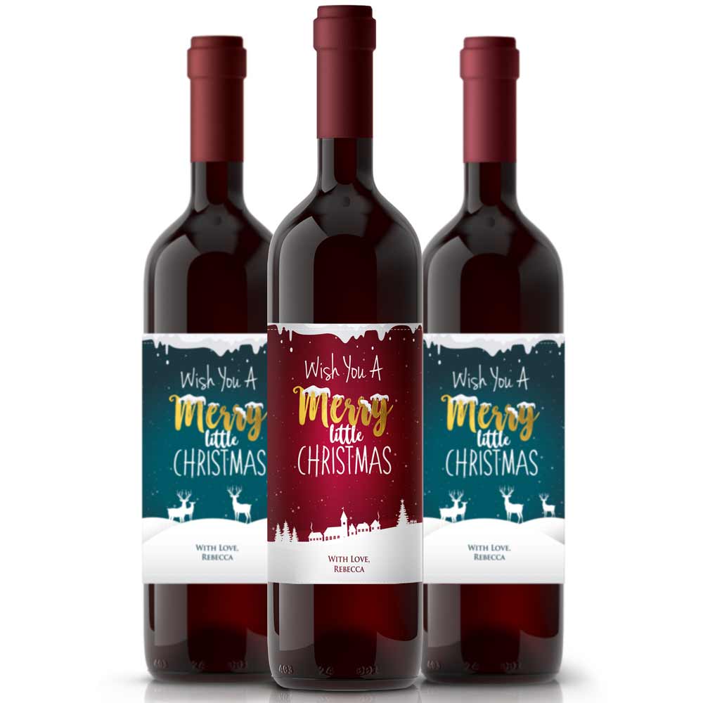 Cute Personalized Merry Little Christmas Wine Labels with snow and deers - xoxokristen