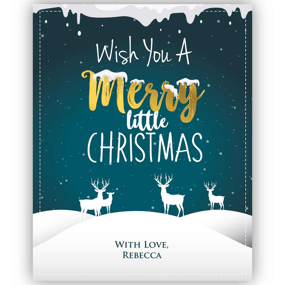 Cute Personalized Merry Little Christmas Wine Labels with snow and deers - xoxokristen