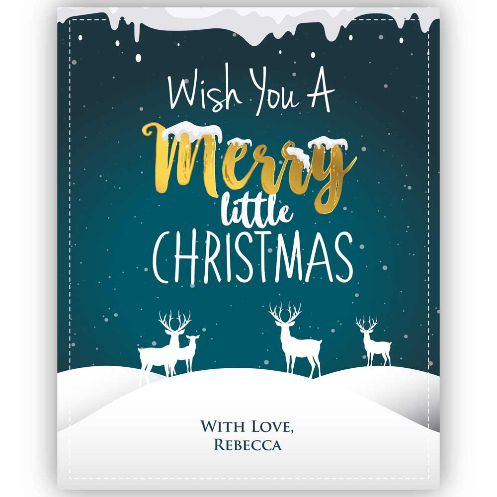 Cute Personalized Merry Little Christmas Wine Labels with snow and deers - xoxokristen