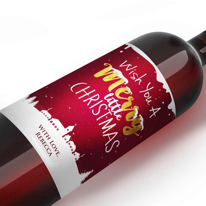 Cute Personalized Merry Little Christmas Wine Labels with snow and deers - xoxokristen
