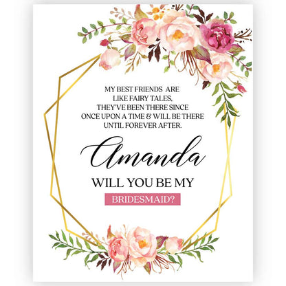 Personalized Will you be my Bridesmaid Pink Flower Bouquet and gold scratch-off heart Wine and Champagne Label - XOXOKristen