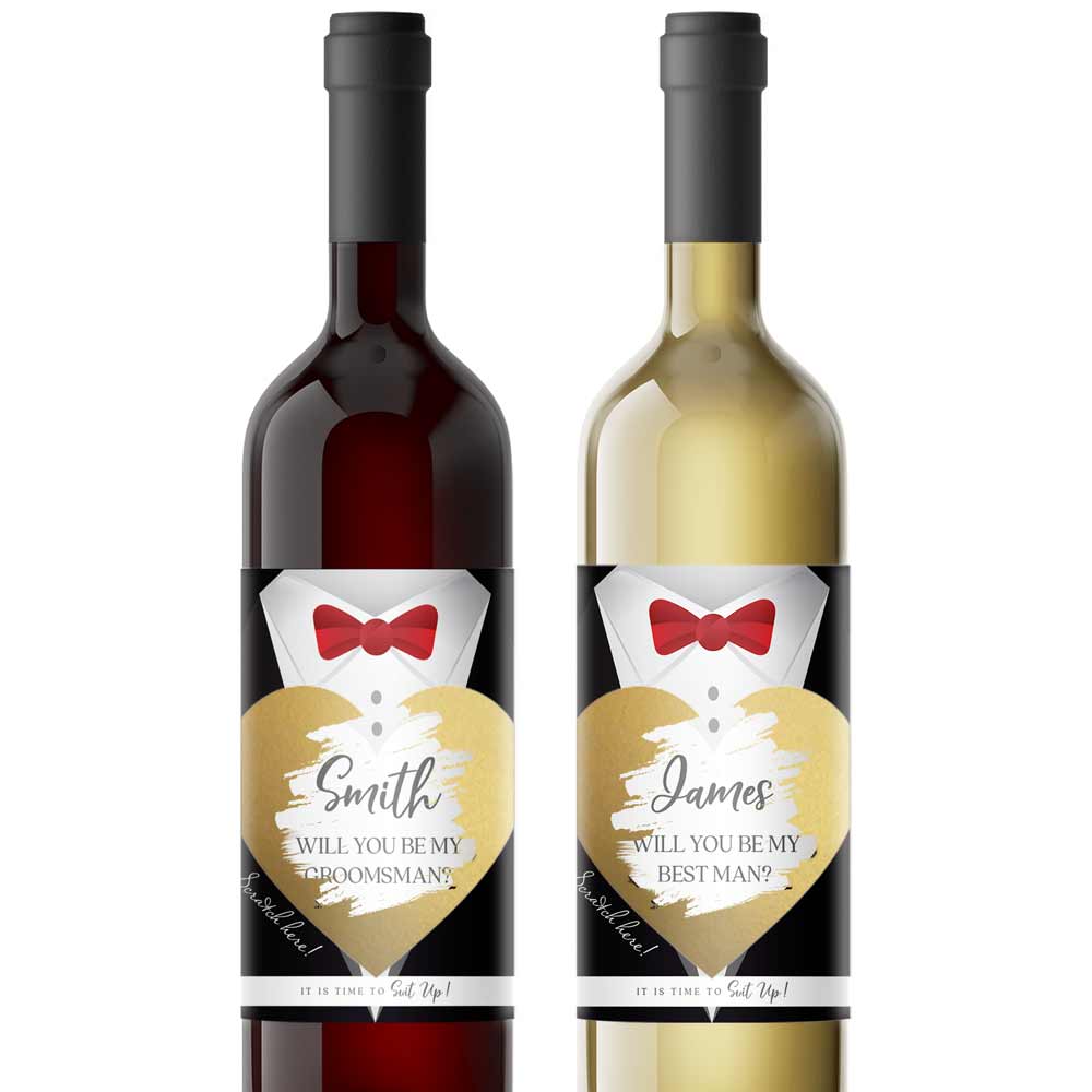 Custom groomsman wine label proposal with stylish and elegant suit design. Personalize it for your groomsman, best man, usher, officiant or junior groomsman. - XOXOKristen.