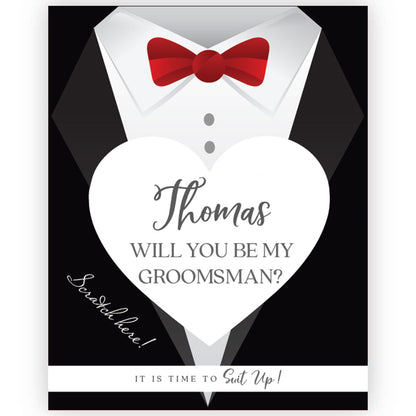 Custom groomsman wine label proposal with stylish and elegant suit design. Personalize it for your groomsman, best man, usher, officiant or junior groomsman. - XOXOKristen.