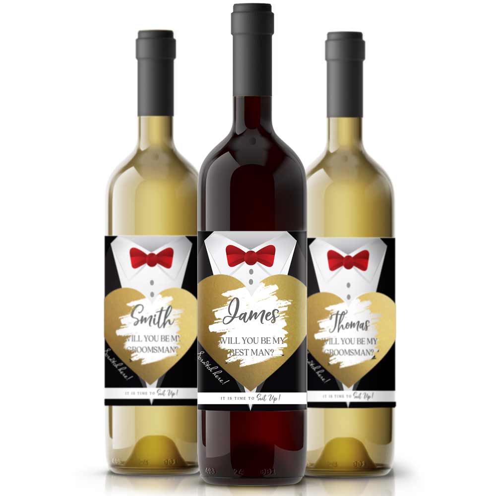 Custom groomsman wine label proposal with stylish and elegant suit design. Personalize it for your groomsman, best man, usher, officiant or junior groomsman. - XOXOKristen.