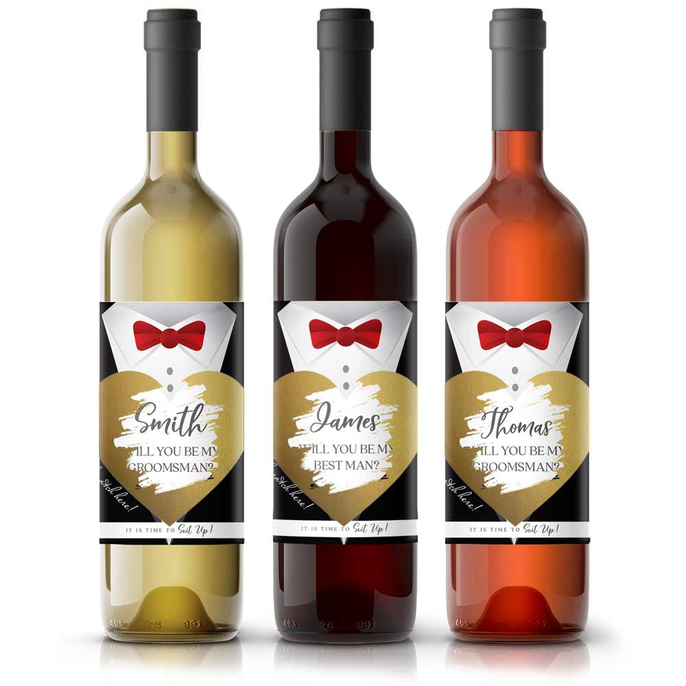 Custom groomsman wine label proposal with stylish and elegant suit design. Personalize it for your groomsman, best man, usher, officiant or junior groomsman. - XOXOKristen.