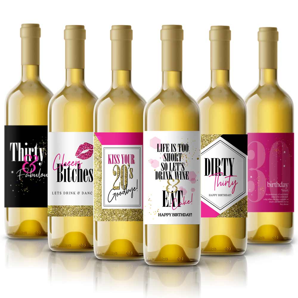 30 Birthday WIne labels in gold, pink and black - xoxokristen