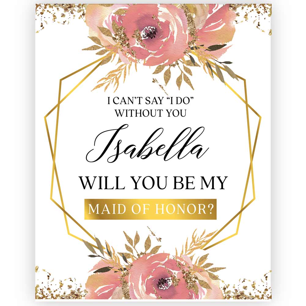 Personalized Will you be my Bridesmaid Pink Flower Bouquet and Gold Frame Wine and Champagne Label - XOXOKristen