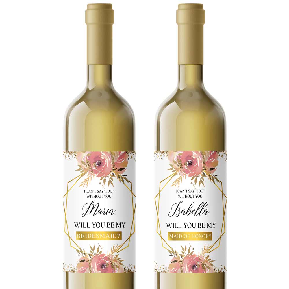 Personalized Will you be my Bridesmaid Pink Flower Bouquet and Gold Frame Wine and Champagne Label - XOXOKristen