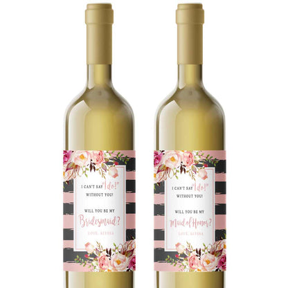 Personalized Will you be my Bridesmaid Pink and Grey Flowers and Stripes Wine and Champagne Label - XOXOKristen