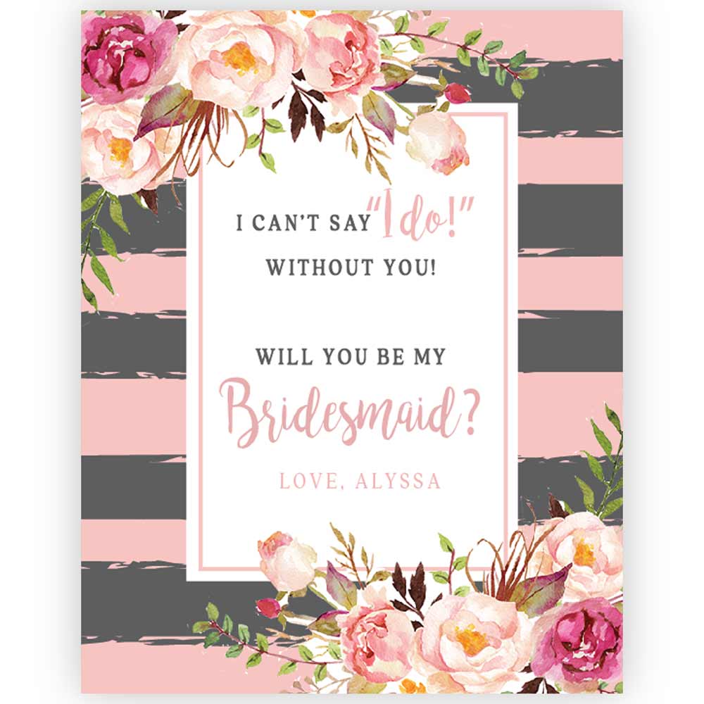 Personalized Will you be my Bridesmaid Pink and Grey Flowers and Stripes Wine and Champagne Label - XOXOKristen