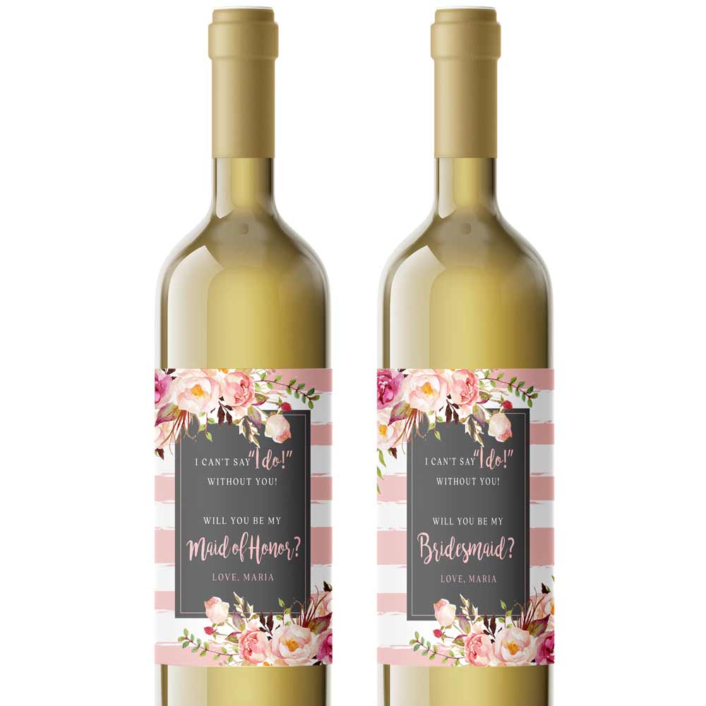 Personalized Will you be my Bridesmaid Pink Flowers and Stripes Wine and Champagne Label - XOXOKristen