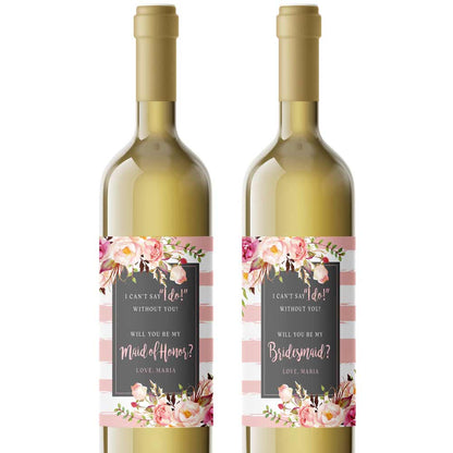 Personalized Will you be my Bridesmaid Pink Flowers and Stripes Wine and Champagne Label - XOXOKristen