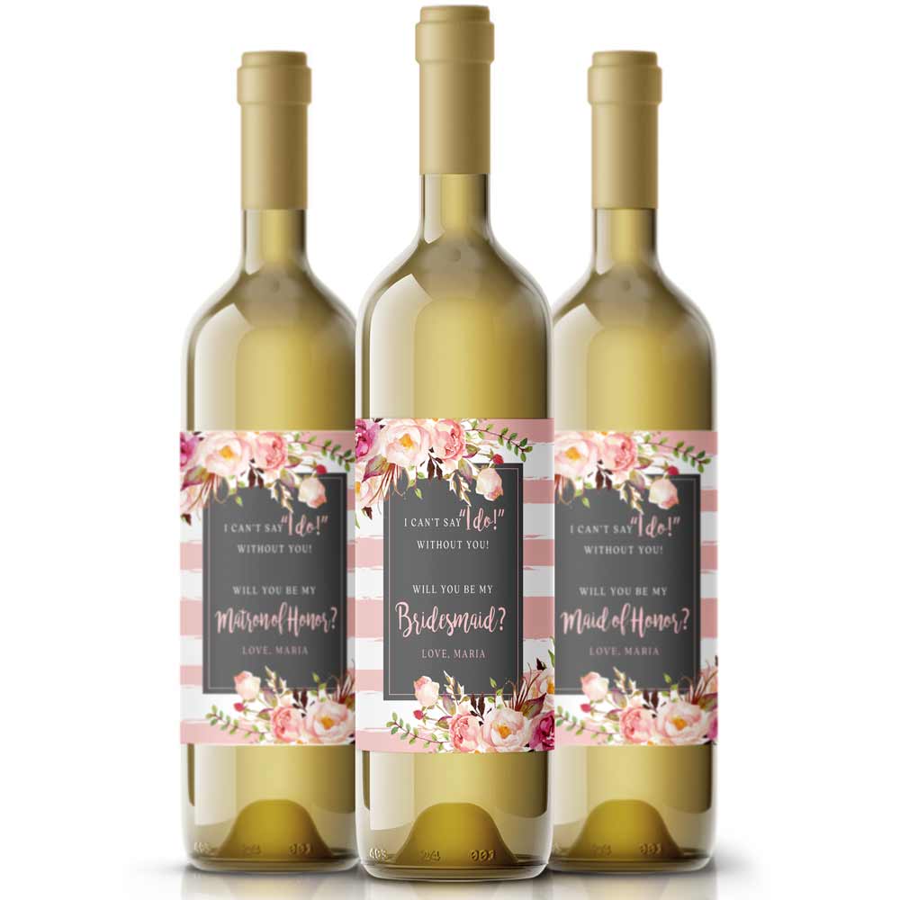 Personalized Will you be my Bridesmaid Pink Flowers and Stripes Wine and Champagne Label - XOXOKristen