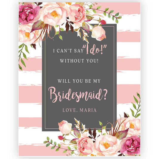 Personalized Will you be my Bridesmaid Pink Flowers and Stripes Wine and Champagne Label - XOXOKristen