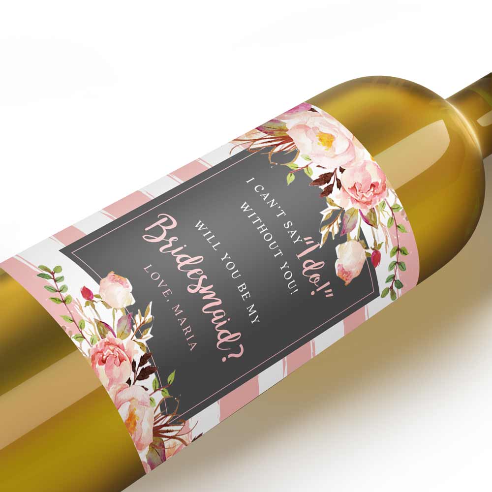 Personalized Will you be my Bridesmaid Pink Flowers and Stripes Wine and Champagne Label - XOXOKristen