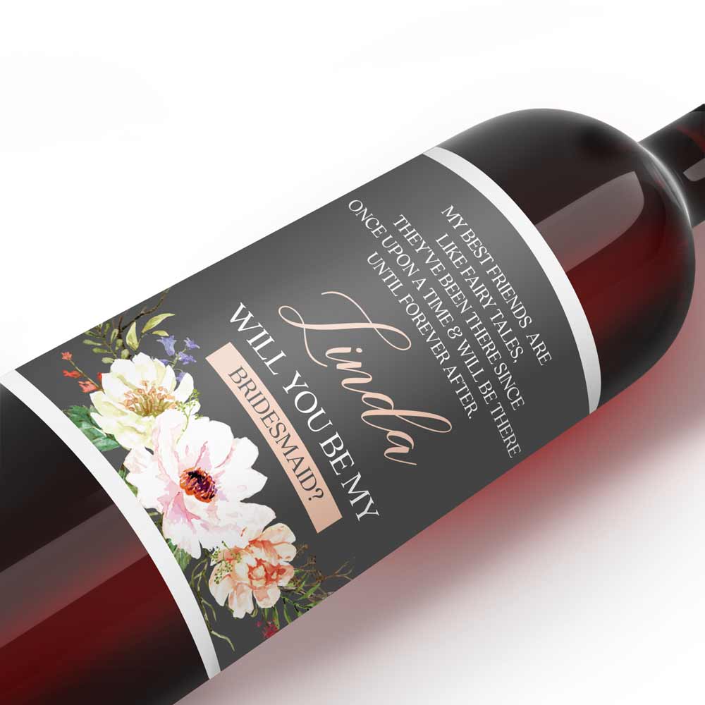 Personalized Will you be my Bridesmaid Navy Blue Flower Bouquet Wine and Champagne Label - XOXOKristen