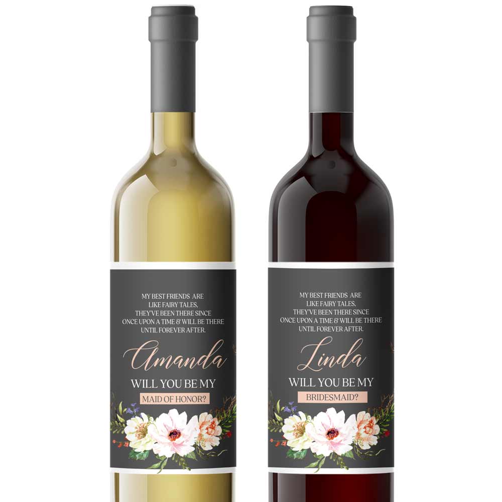 Personalized Will you be my Bridesmaid Navy Blue Flower Bouquet Wine and Champagne Label - XOXOKristen
