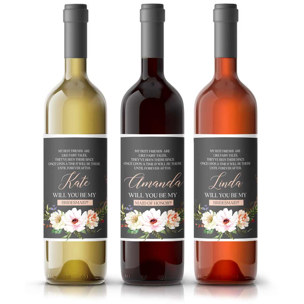 Personalized Will you be my Bridesmaid Navy Blue Flower Bouquet Wine and Champagne Label - XOXOKristen