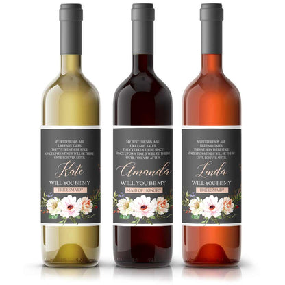 Personalized Will you be my Bridesmaid Navy Blue Flower Bouquet Wine and Champagne Label - XOXOKristen