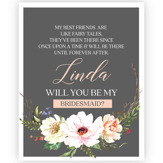 Personalized Will you be my Bridesmaid Navy Blue Flower Bouquet Wine and Champagne Label - XOXOKristen