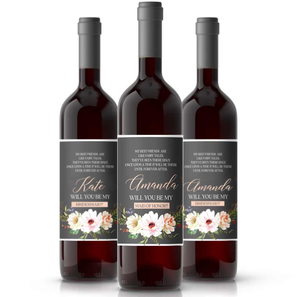 Personalized Will you be my Bridesmaid Navy Blue Flower Bouquet Wine and Champagne Label - XOXOKristen