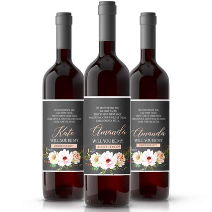 Personalized Will you be my Bridesmaid Navy Blue Flower Bouquet Wine and Champagne Label - XOXOKristen