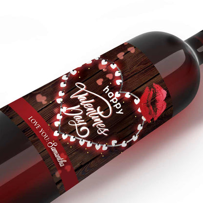Personalized Happy Valentine's Day Wine Label Lights hearts and kiss - xoxokristen