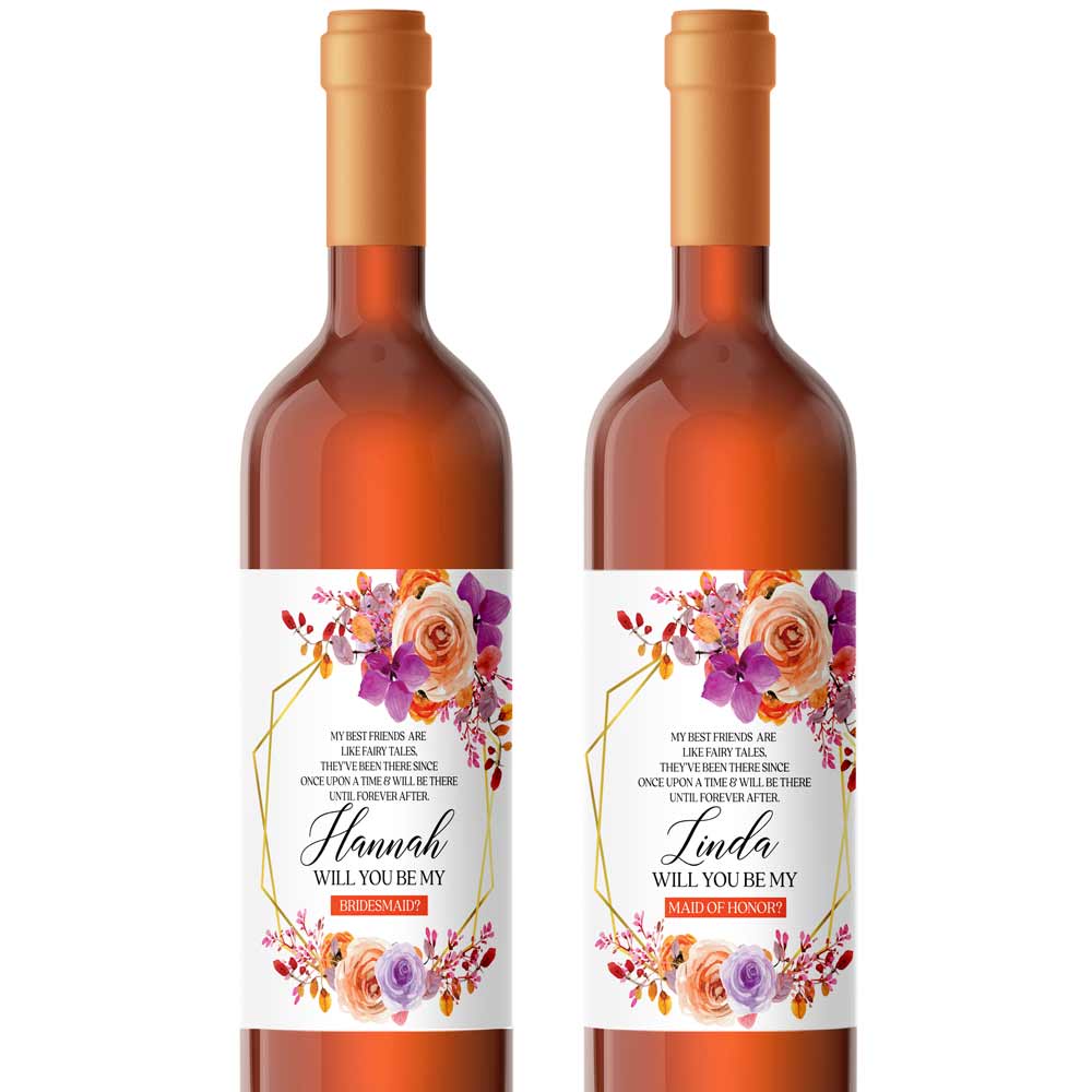 Personalized Will you be my Bridesmaid Autumn Orange and Purple Flowers Wine and Champagne Label - XOXOKristen