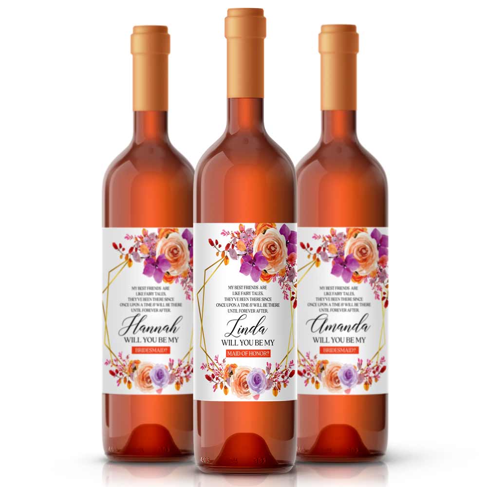 Personalized Will you be my Bridesmaid Autumn Orange and Purple Flowers Wine and Champagne Label - XOXOKristen
