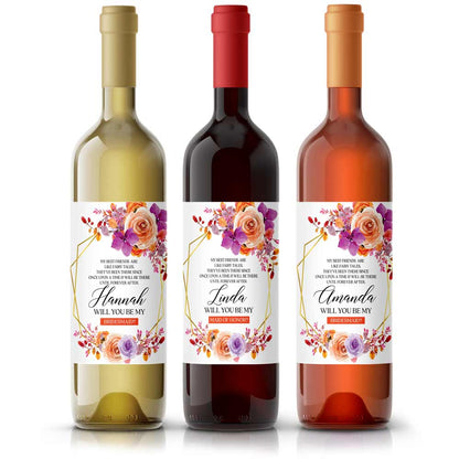 Personalized Will you be my Bridesmaid Autumn Orange and Purple Flowers Wine and Champagne Label - XOXOKristen