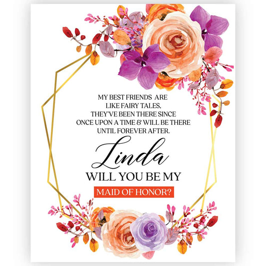 Personalized Will you be my Bridesmaid Autumn Orange and Purple Flowers Wine and Champagne Label - XOXOKristen