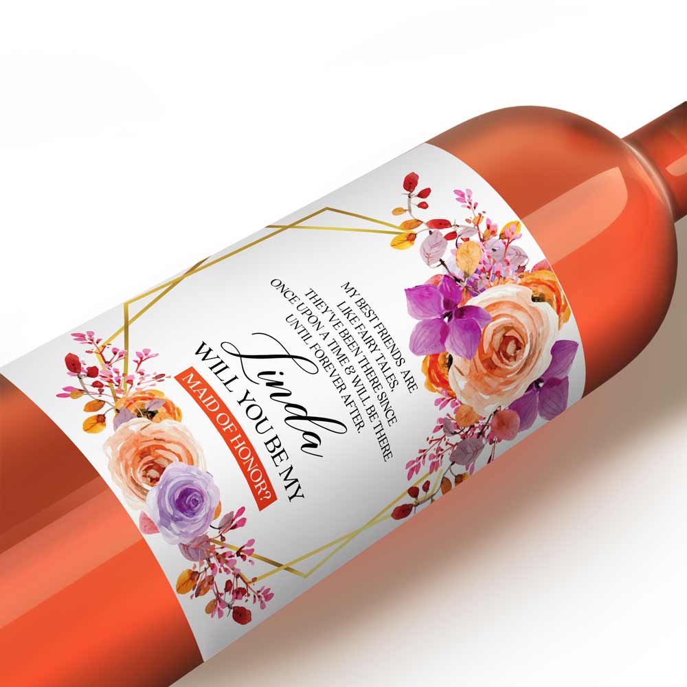 Personalized Will you be my Bridesmaid Autumn Orange and Purple Flowers Wine and Champagne Label - XOXOKristen