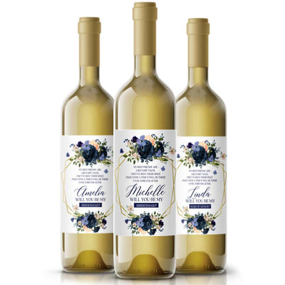 Personalized Will you be my Bridesmaid Navy Blue Flower Bouquet Wine and Champagne Label - XOXOKristen