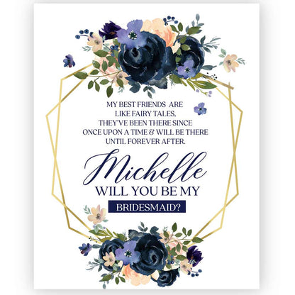 Personalized Will you be my Bridesmaid Navy Blue Flower Bouquet Wine and Champagne Label - XOXOKristen