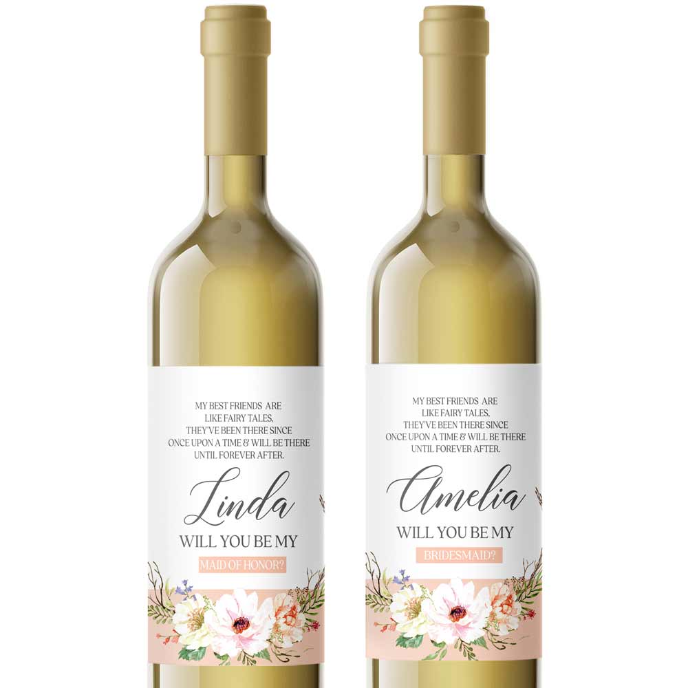 Personalized Will you be my Bridesmaid Blush  Flower Bouquet Wine and Champagne Label - XOXOKristen