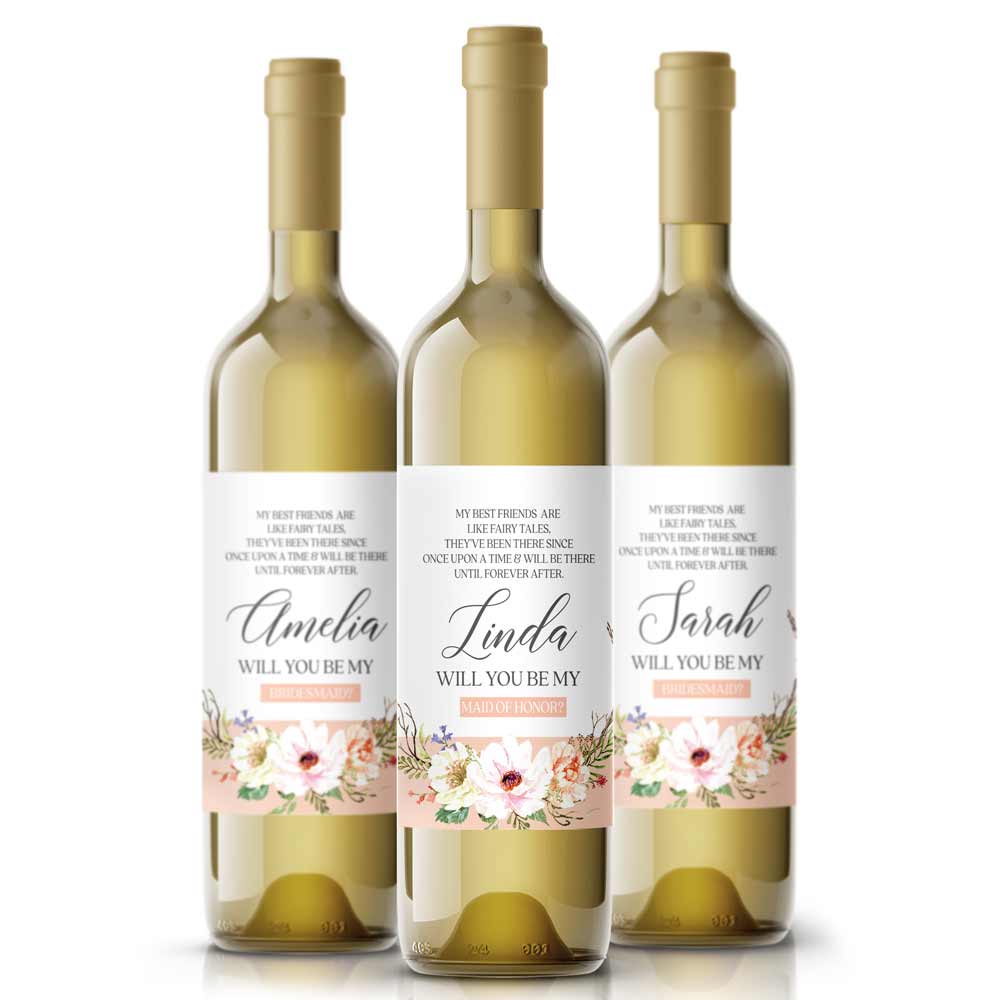 Personalized Will you be my Bridesmaid Blush  Flower Bouquet Wine and Champagne Label - XOXOKristen
