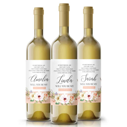 Personalized Will you be my Bridesmaid Blush  Flower Bouquet Wine and Champagne Label - XOXOKristen