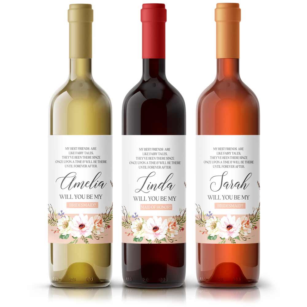 Personalized Will you be my Bridesmaid Blush  Flower Bouquet Wine and Champagne Label - XOXOKristen