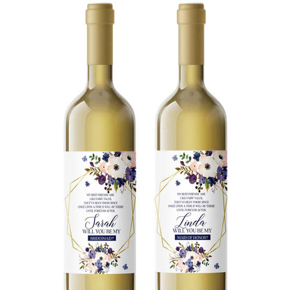 Personalized Will you be my Bridesmaid Blush and Purple Flower Bouquet and Gold Frame Wine and Champagne Label - XOXOKristen