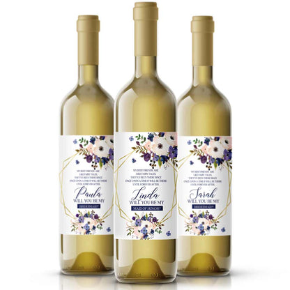 Personalized Will you be my Bridesmaid Blush and Purple Flower Bouquet and Gold Frame Wine and Champagne Label - XOXOKristen