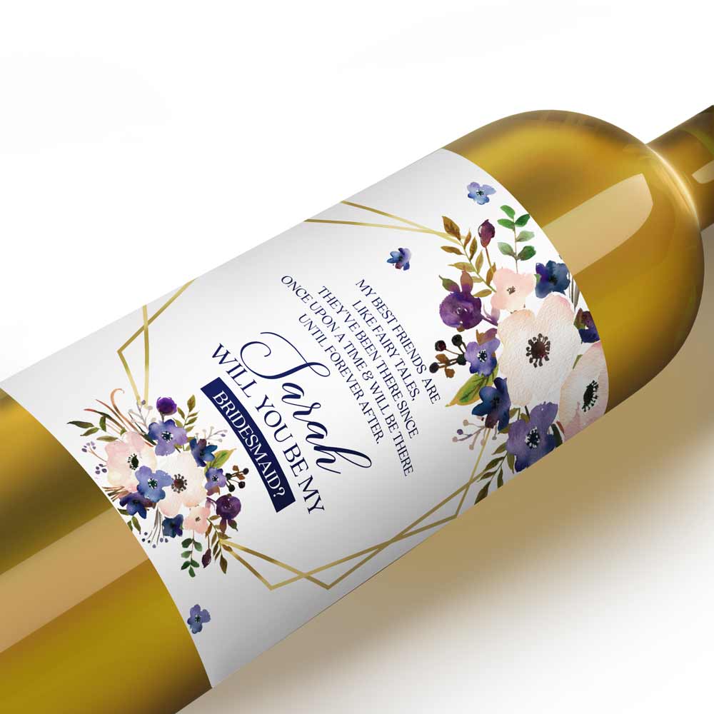 Personalized Will you be my Bridesmaid Blush and Purple Flower Bouquet and Gold Frame Wine and Champagne Label - XOXOKristen
