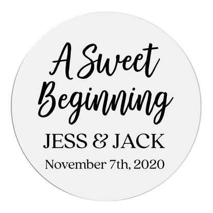 Custom wedding sweet beginnings sticker with real gold foiled lettering. Entirely personalized clear labels.  
